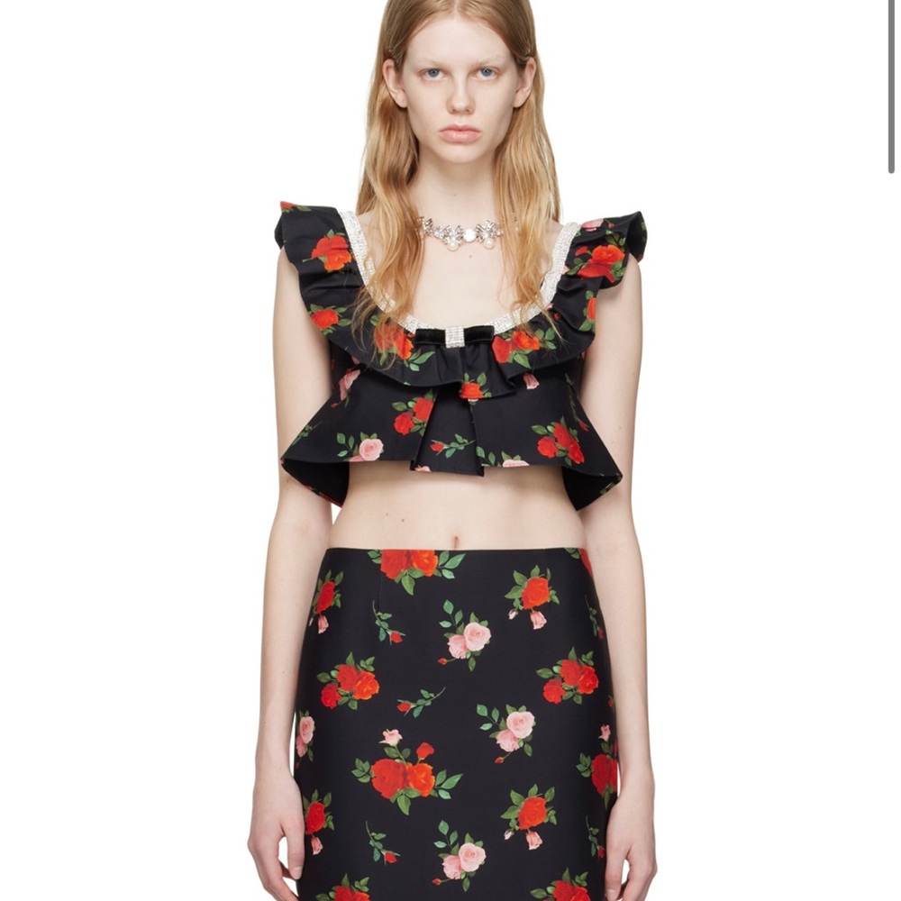SHUSHU/TONG Rose Floral Black Ruffled Crystal-Embellished Tank Top